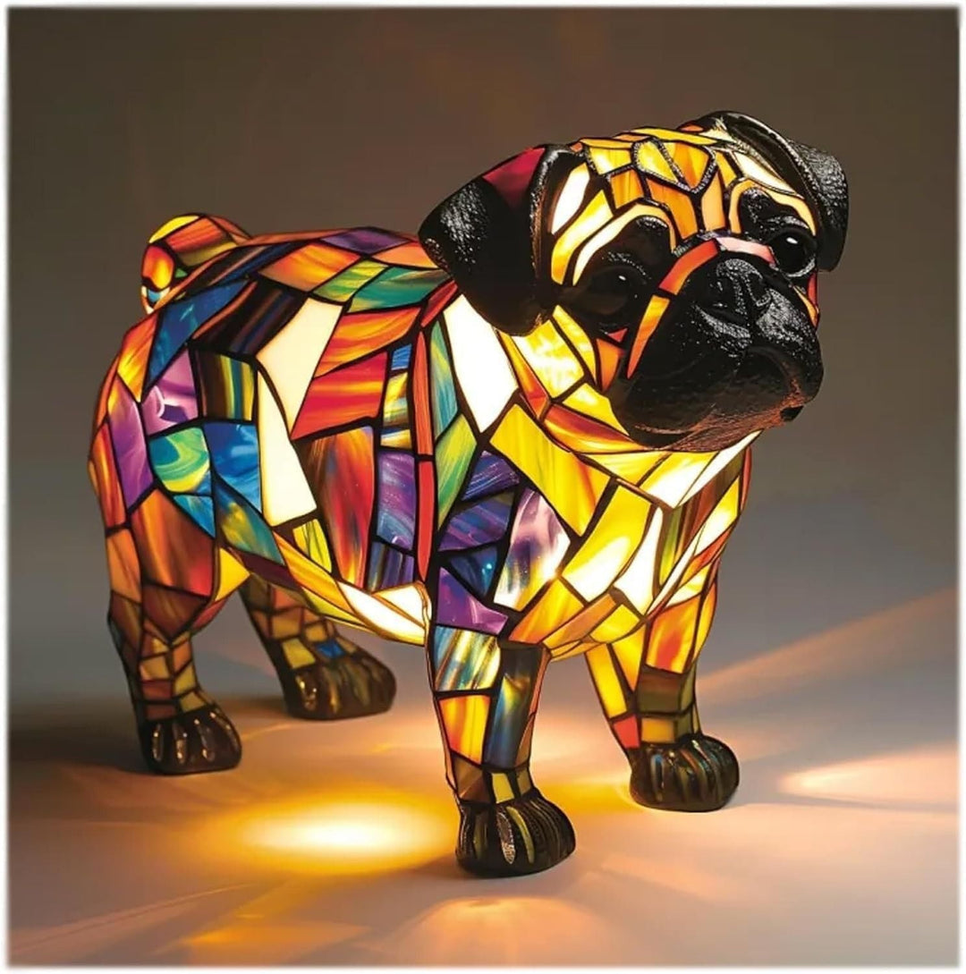Stained glass dog-shaped table lamp, an energy-efficient LED night light and delightful home decor.