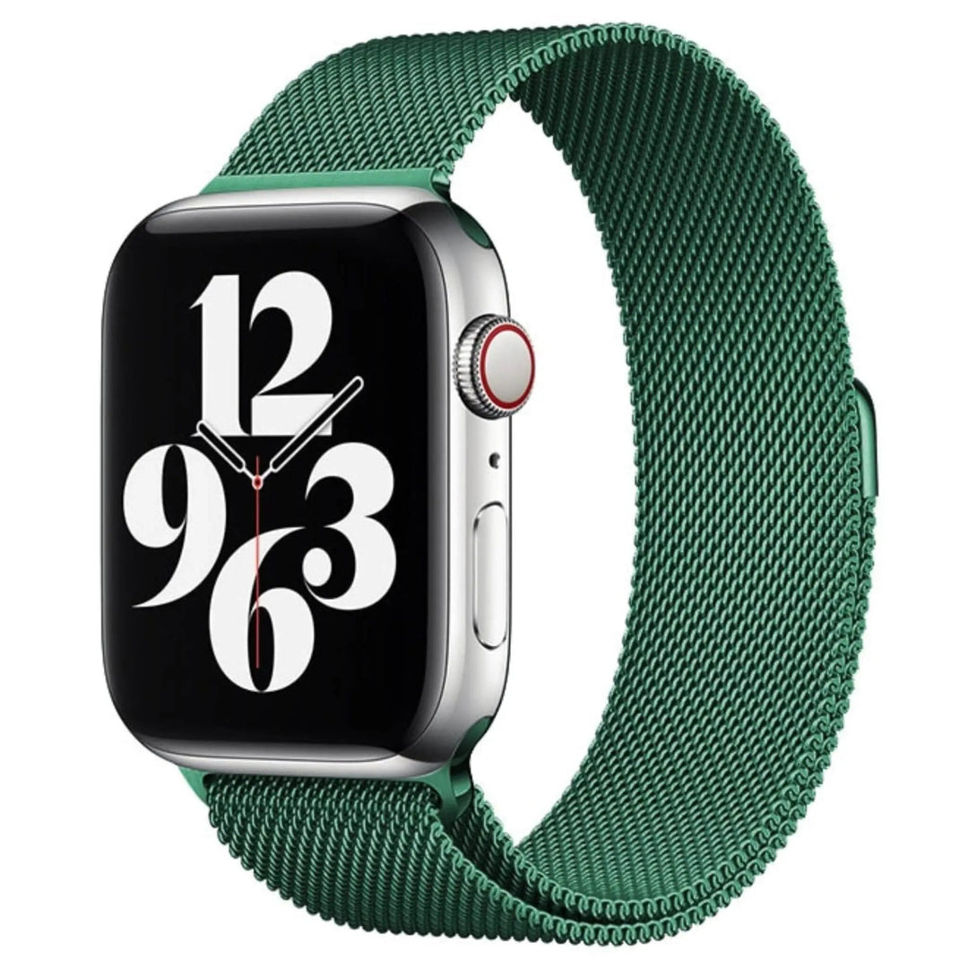 Stainless mesh band for Apple Watch; sleek, magnetic closure, Milan-inspired design, adjustable for men and women.
