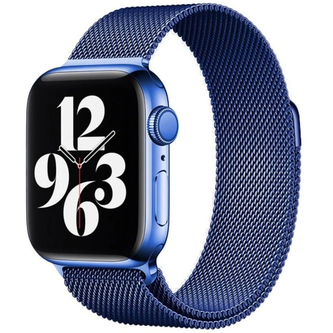 Stainless mesh band for Apple Watch; sleek, magnetic closure, Milan-inspired design, adjustable for men and women.