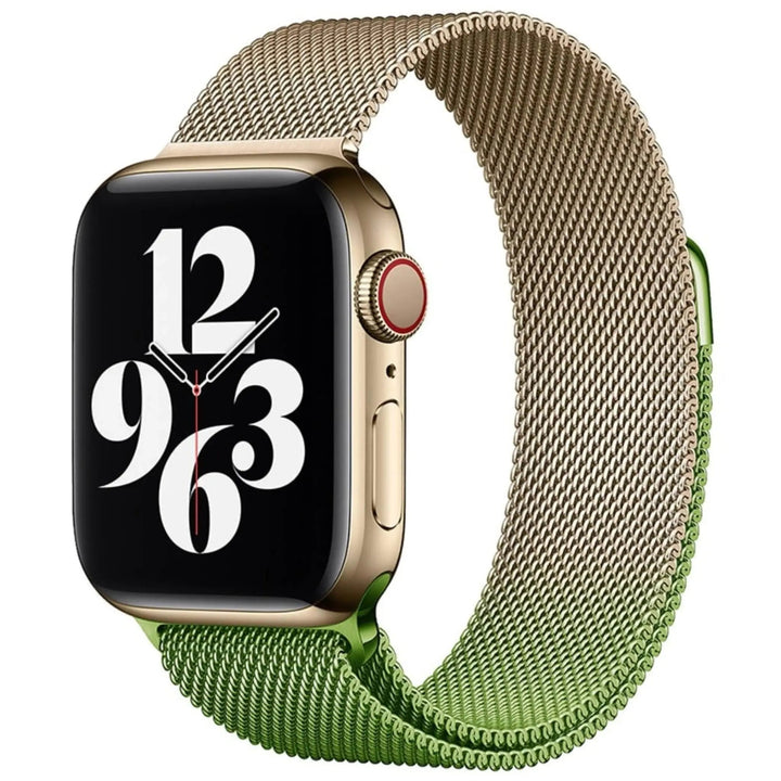 Stainless mesh band for Apple Watch; sleek, magnetic closure, Milan-inspired design, adjustable for men and women.
