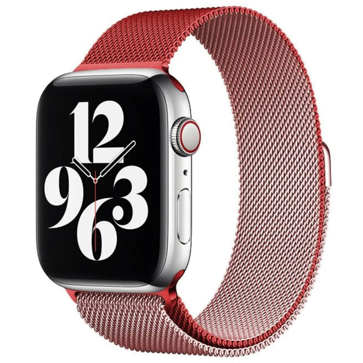 Stainless mesh band for Apple Watch; sleek, magnetic closure, Milan-inspired design, adjustable for men and women.