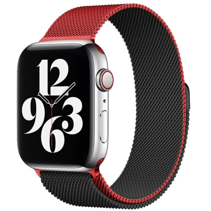 Stainless mesh band for Apple Watch; sleek, magnetic closure, Milan-inspired design, adjustable for men and women.