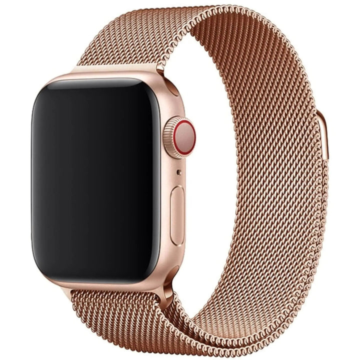 Stainless mesh band for Apple Watch; sleek, magnetic closure, Milan-inspired design, adjustable for men and women.