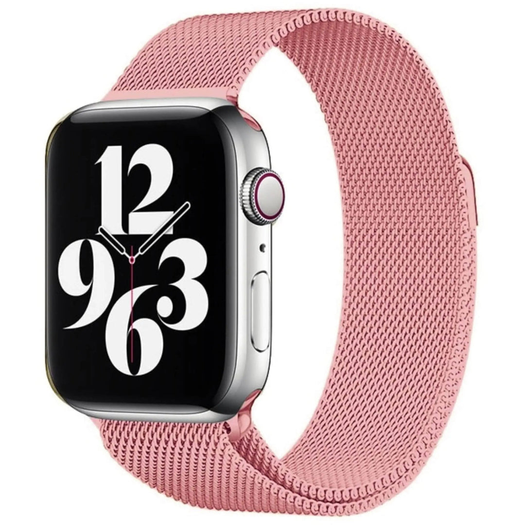 Stainless mesh band for Apple Watch; sleek, magnetic closure, Milan-inspired design, adjustable for men and women.