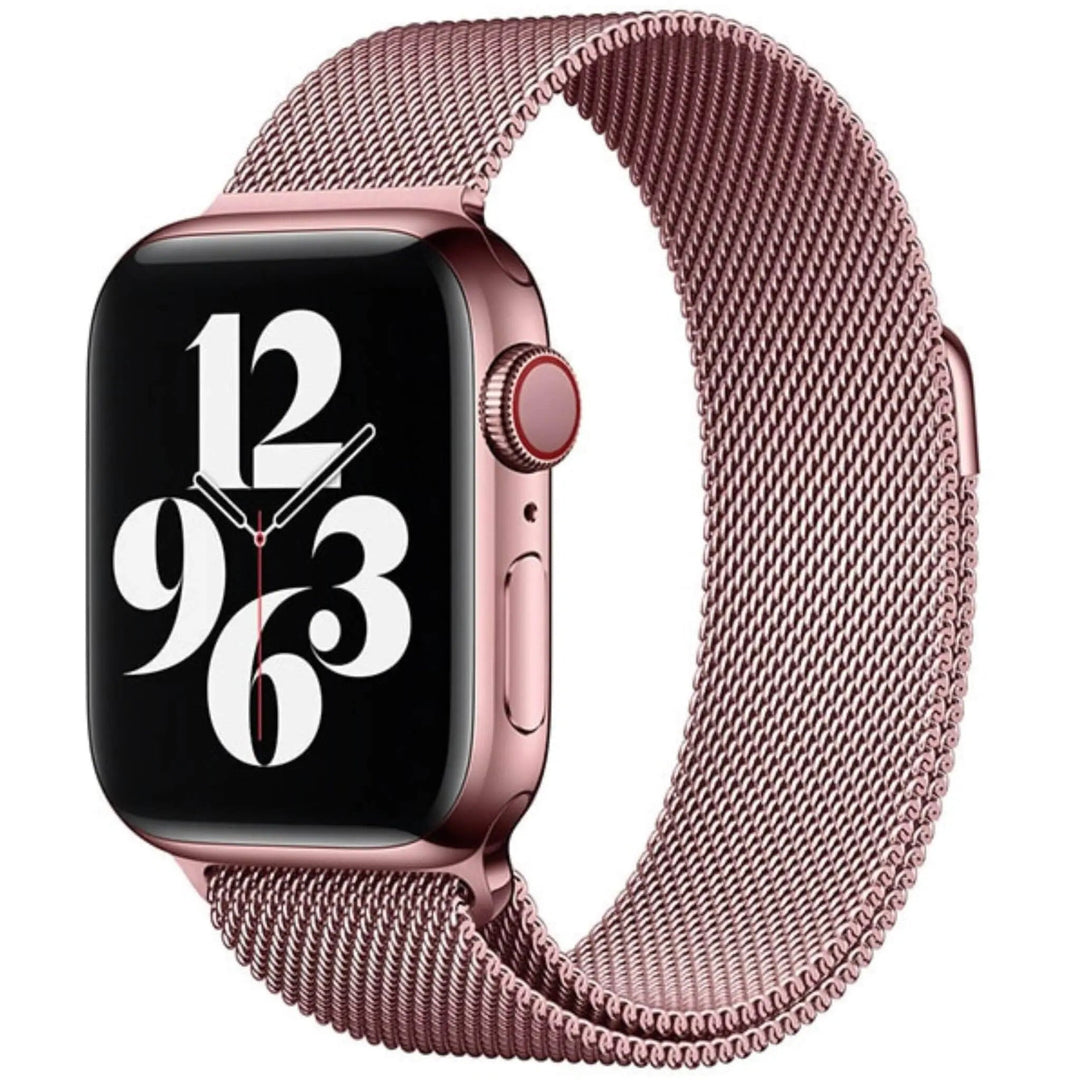 Stainless mesh band for Apple Watch; sleek, magnetic closure, Milan-inspired design, adjustable for men and women.