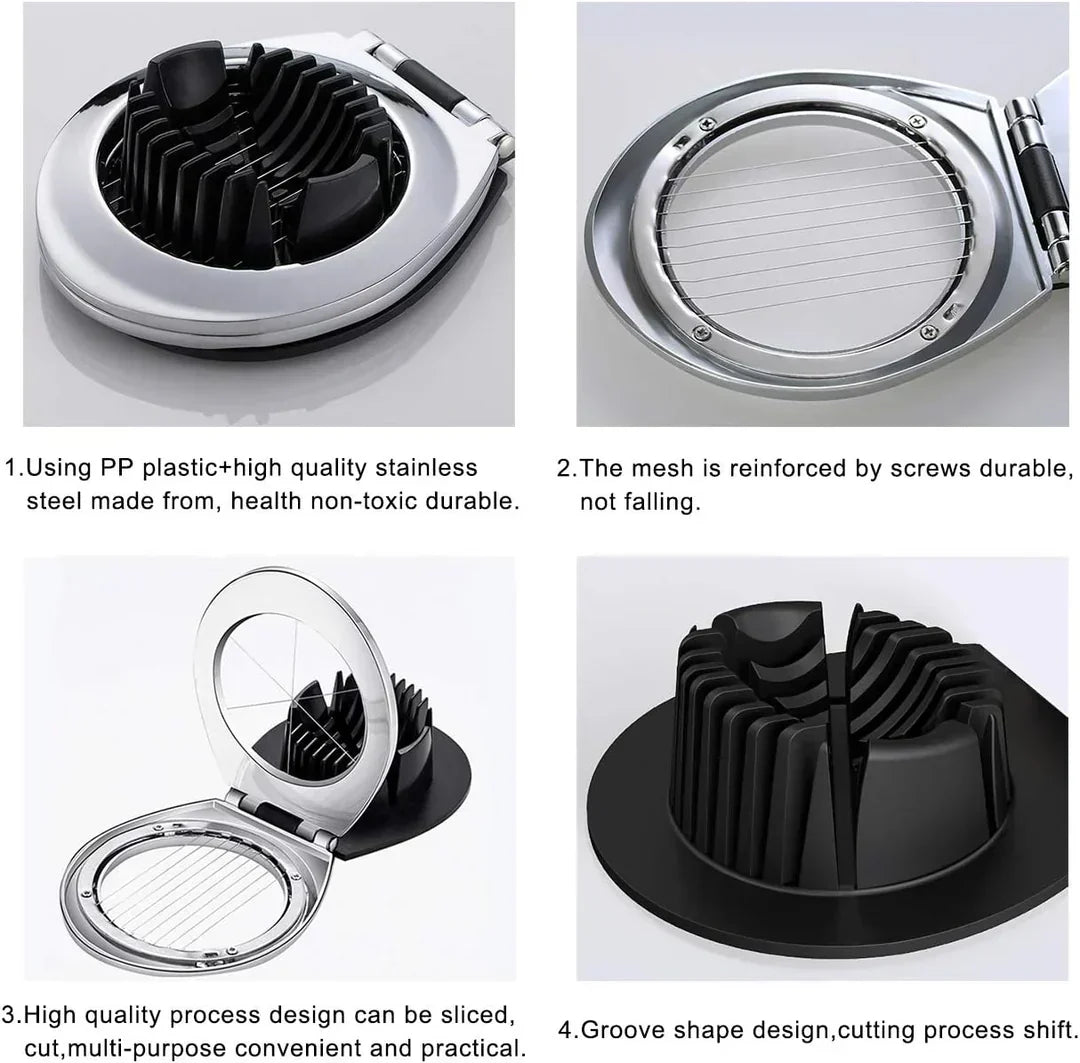 Stainless Steel 3-in-1 Egg Slicer with durable wires, ergonomic design; slices eggs, mushrooms, fruits easily for top present