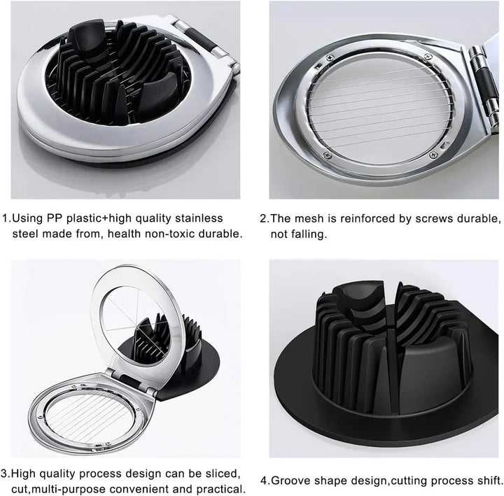Stainless Steel 3-in-1 Egg Slicer with durable wires, ergonomic design; slices eggs, mushrooms, fruits easily for top present