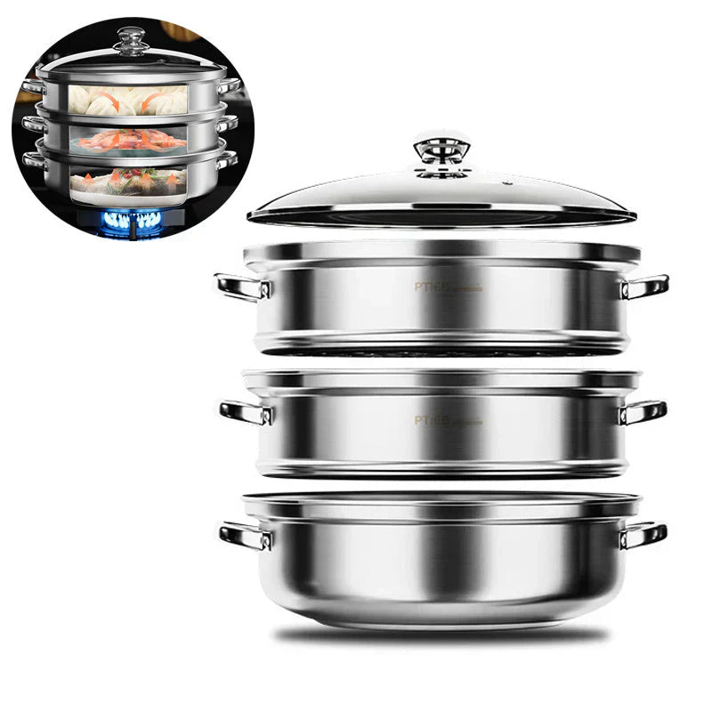 "Stainless steel 3-tier steamer with glass lid and handles, ideal for healthy cooking, steaming vegetables, fish, and dumplin