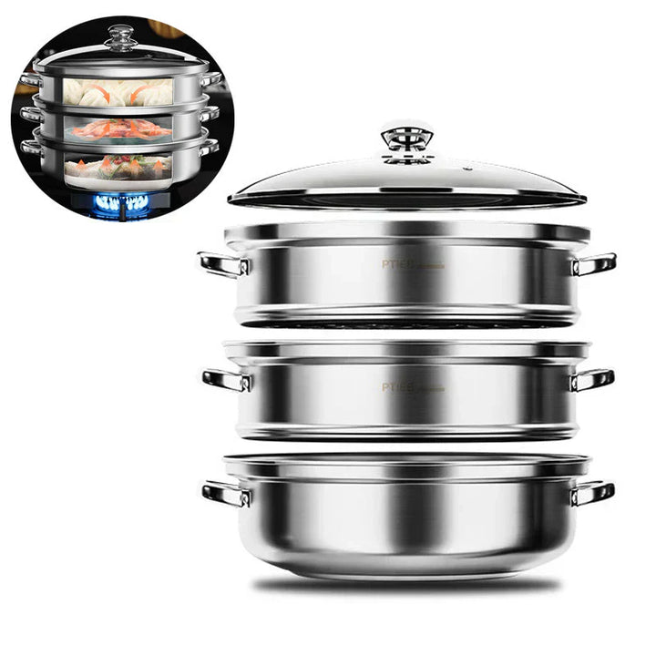 "Stainless steel 3-tier steamer with glass lid and handles, ideal for healthy cooking, steaming vegetables, fish, and dumplin