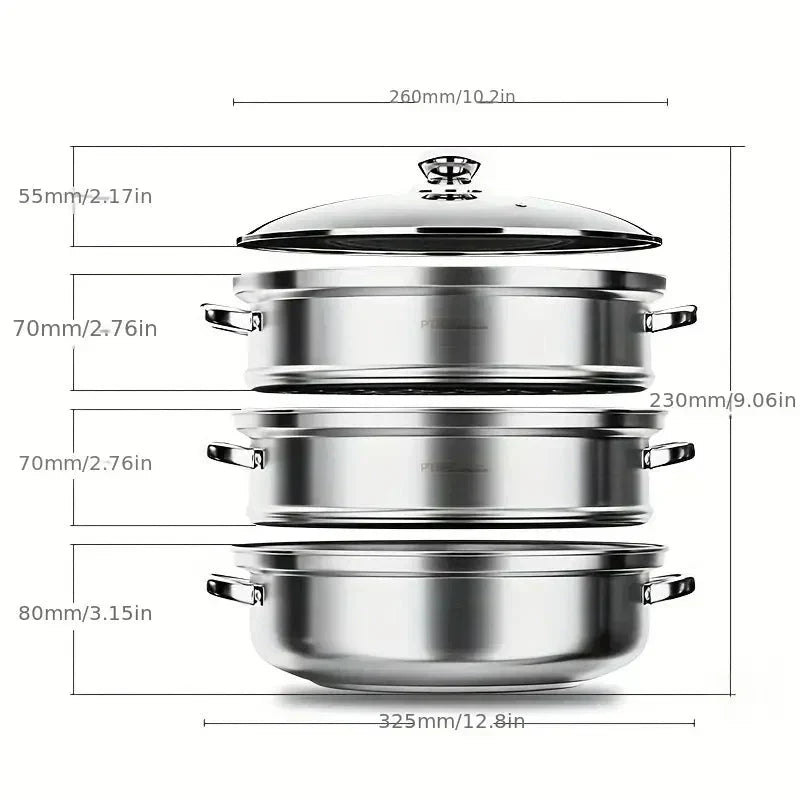 "Stainless steel 3-tier steamer with glass lid and handles, ideal for healthy cooking, steaming vegetables, fish, and dumplin