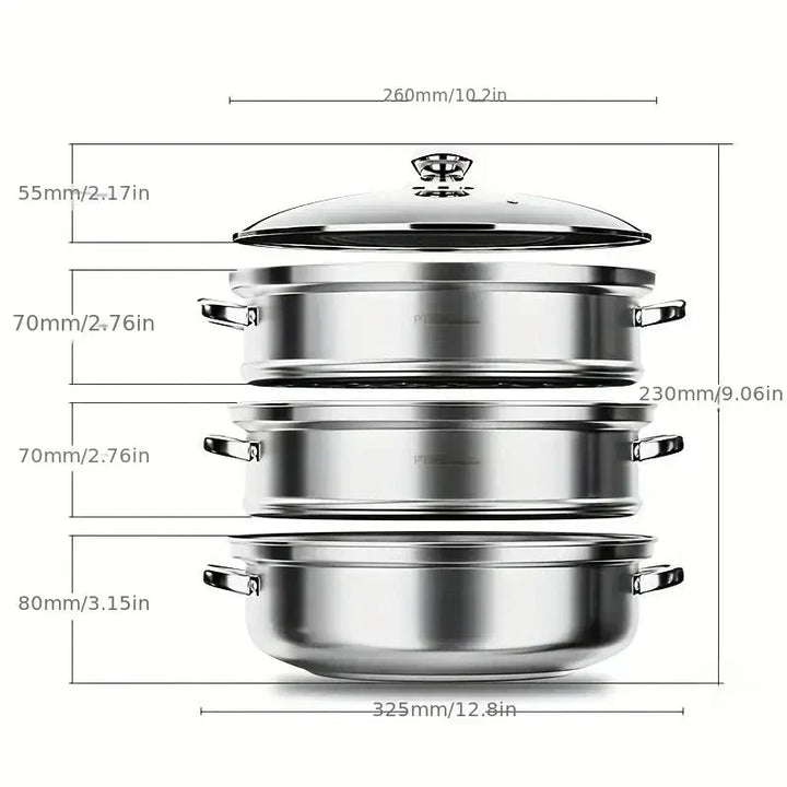 "Stainless steel 3-tier steamer with glass lid and handles, ideal for healthy cooking, steaming vegetables, fish, and dumplin