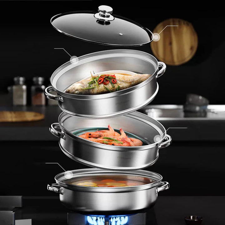 "Stainless steel 3-tier steamer with glass lid and handles, ideal for healthy cooking, steaming vegetables, fish, and dumplin