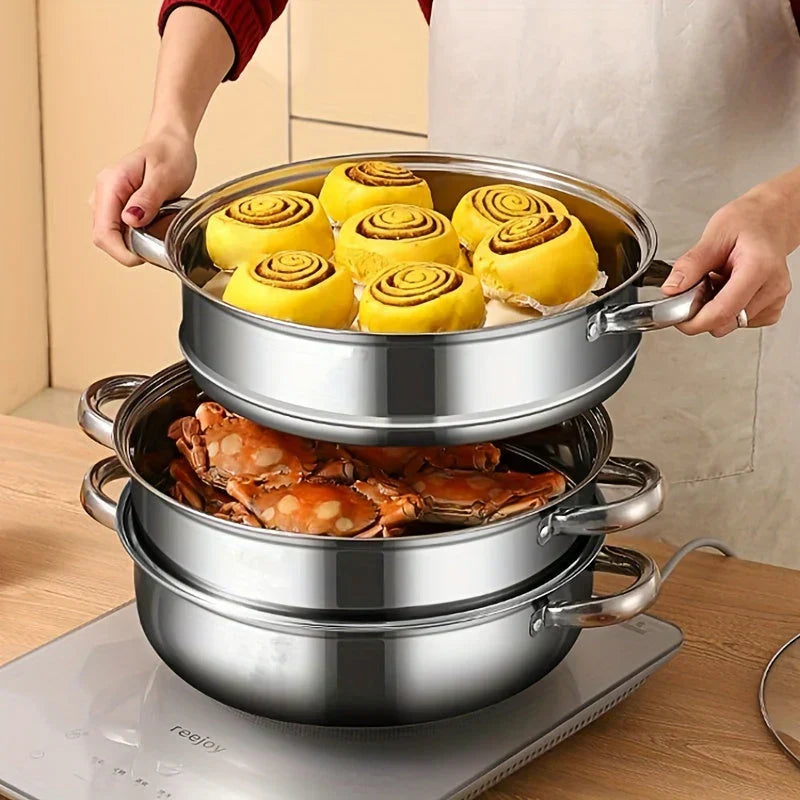 "Stainless steel 3-tier steamer with glass lid and handles, ideal for healthy cooking, steaming vegetables, fish, and dumplin
