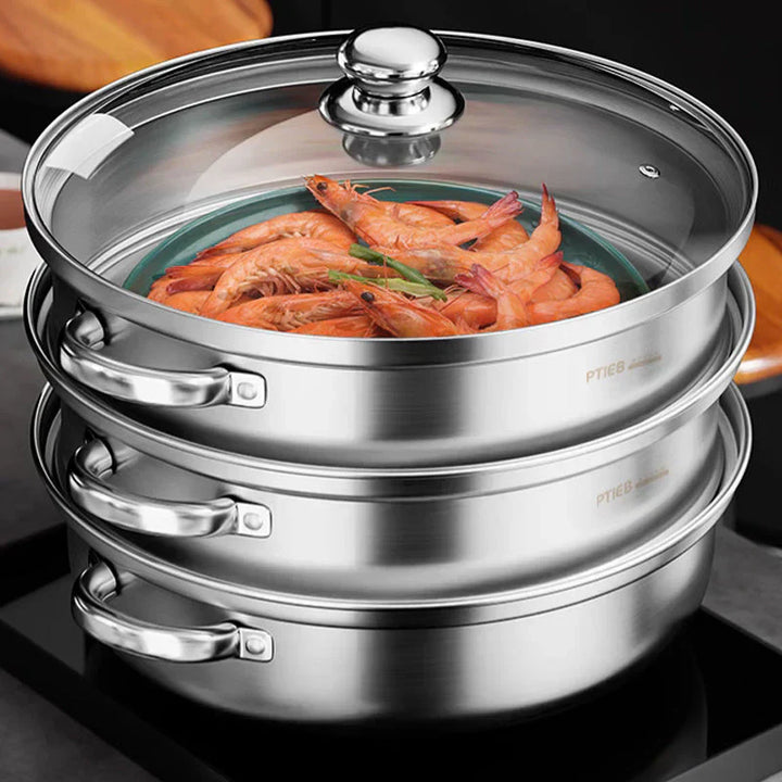 "Stainless steel 3-tier steamer with glass lid and handles, ideal for healthy cooking, steaming vegetables, fish, and dumplin