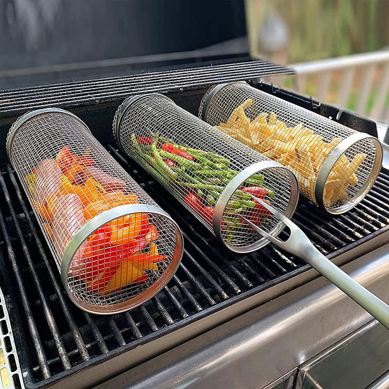 "Stainless steel BBQ rolling basket with mesh design for even grilling, shown with food; essential for outdoor cooking."