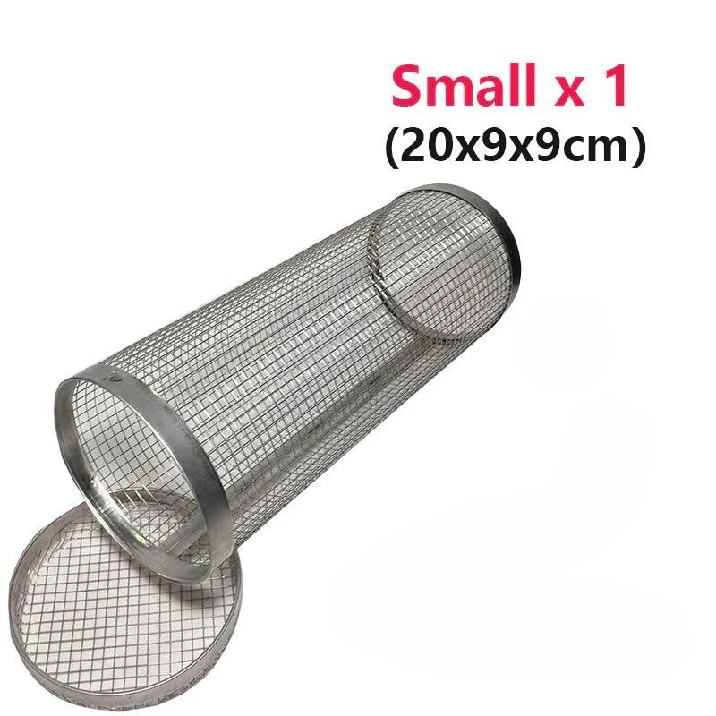 "Stainless steel BBQ rolling basket with mesh design for even grilling, shown with food; essential for outdoor cooking."