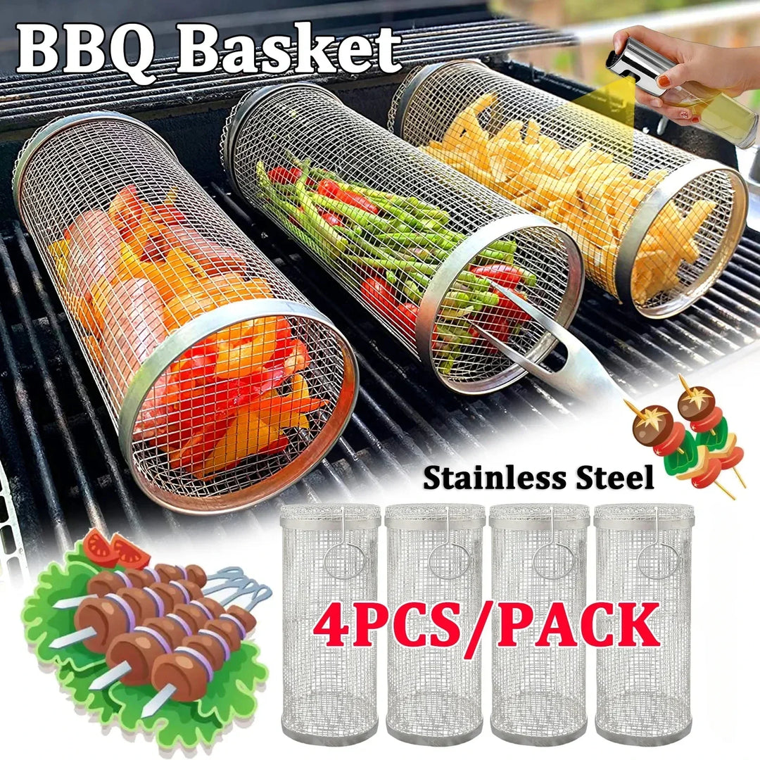 "Stainless steel BBQ rolling basket with mesh design for even grilling, shown with food; essential for outdoor cooking."