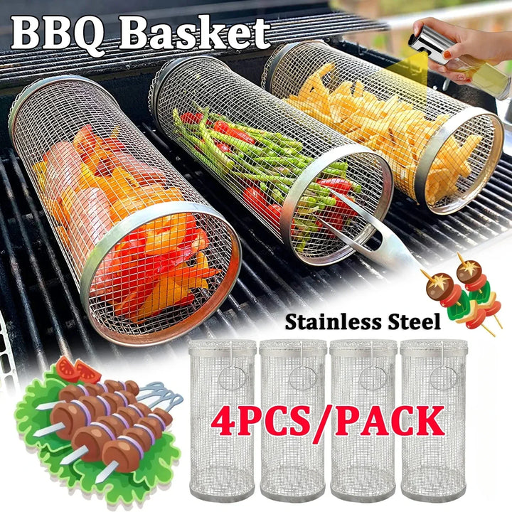 "Stainless steel BBQ rolling basket with mesh design for even grilling, shown with food; essential for outdoor cooking."