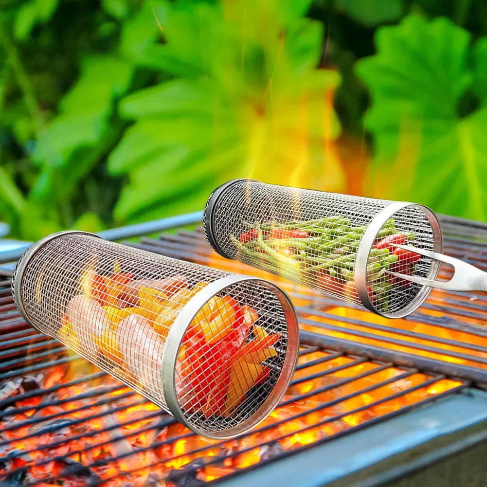 "Stainless steel BBQ rolling basket with mesh design for even grilling, shown with food; essential for outdoor cooking."
