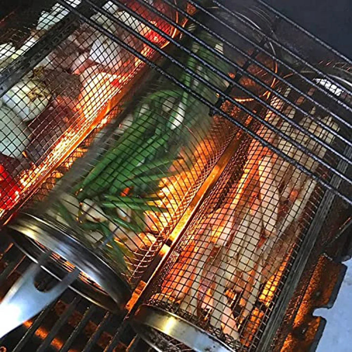 "Stainless steel BBQ rolling basket with mesh design for even grilling, shown with food; essential for outdoor cooking."