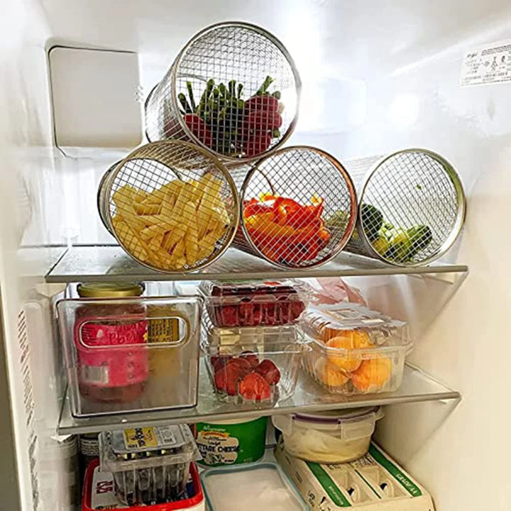 "Stainless steel BBQ rolling basket with mesh design for even grilling, shown with food; essential for outdoor cooking."