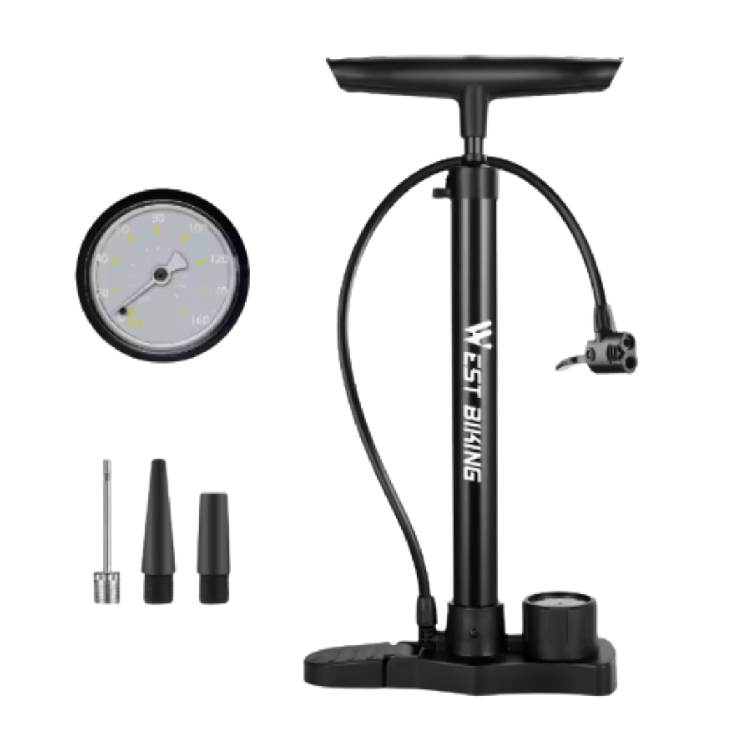 "Stainless steel bicycle pump with built-in pressure gauge and handle, suitable for Schrader and Presta valves."