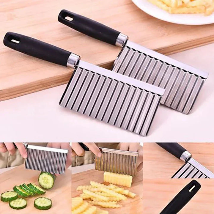 "Stainless steel crinkle cutter knife with a sleek blade, perfect for slicing vegetables and fruits with ergonomic handle."