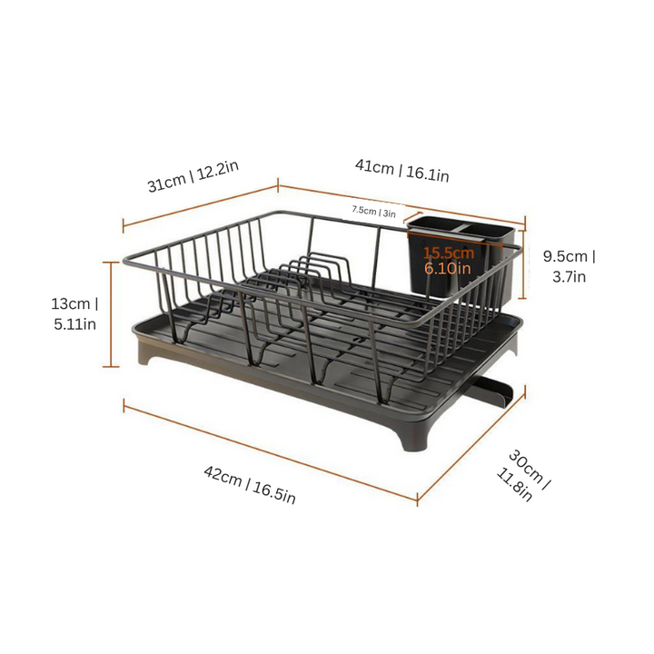 "Stainless steel dish rack with drip tray, sleek design, ample space for plates and cups, modern kitchen essential."