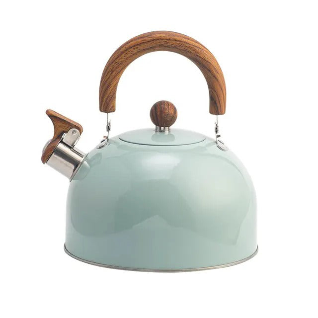 "Stainless steel whistling kettle with insulated handle, sleek design; kitchen essential for all stovetops, 3L capacity."