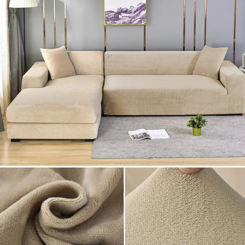 "Stretch-fit wrinkle-free washable sofa cover in beige, elegantly protecting modern couch, ideal for home decoration."