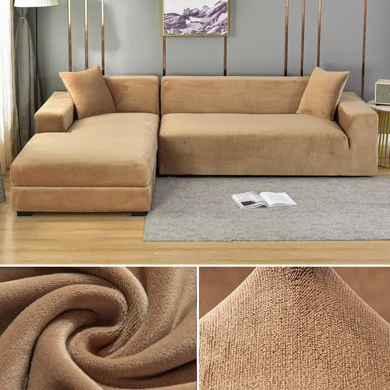 "Stretch-fit wrinkle-free washable sofa cover in beige, elegantly protecting modern couch, ideal for home decoration."