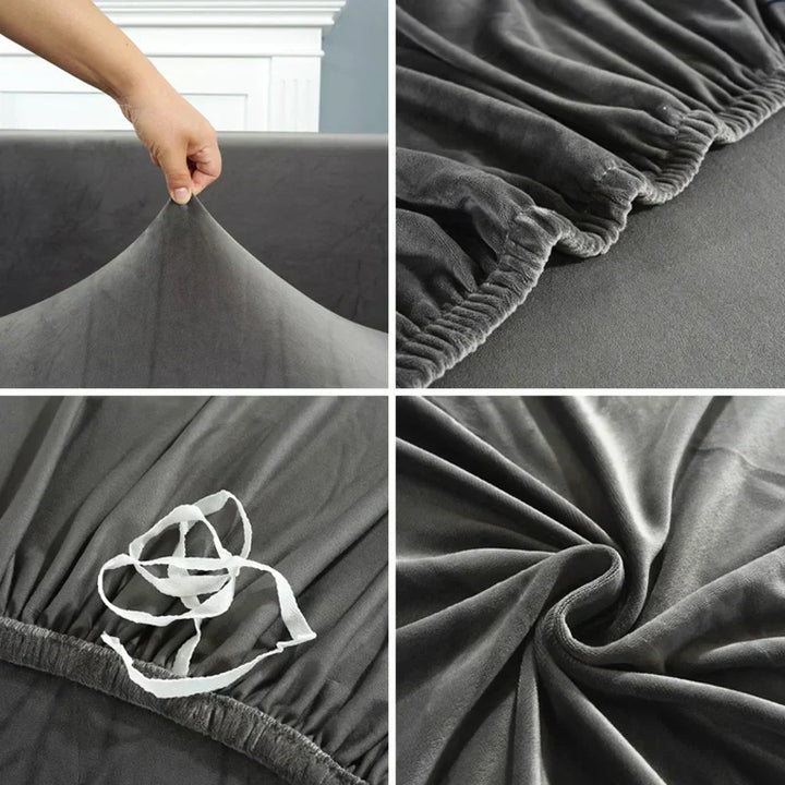 "Stretch-fit wrinkle-free washable sofa cover in beige, elegantly protecting modern couch, ideal for home decoration."