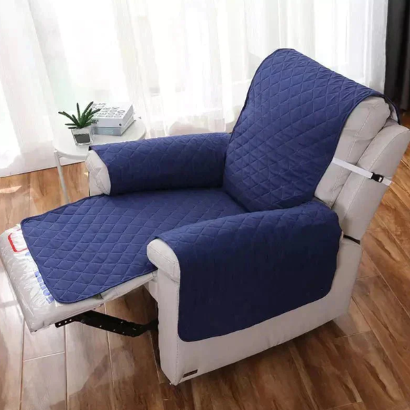 "Stretchable quilted recliner cover in grey, showcasing universal fit and plush, textured comfort for home seating protection