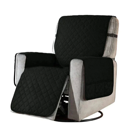 "Stretchable quilted recliner cover in grey, showcasing universal fit and plush, textured comfort for home seating protection