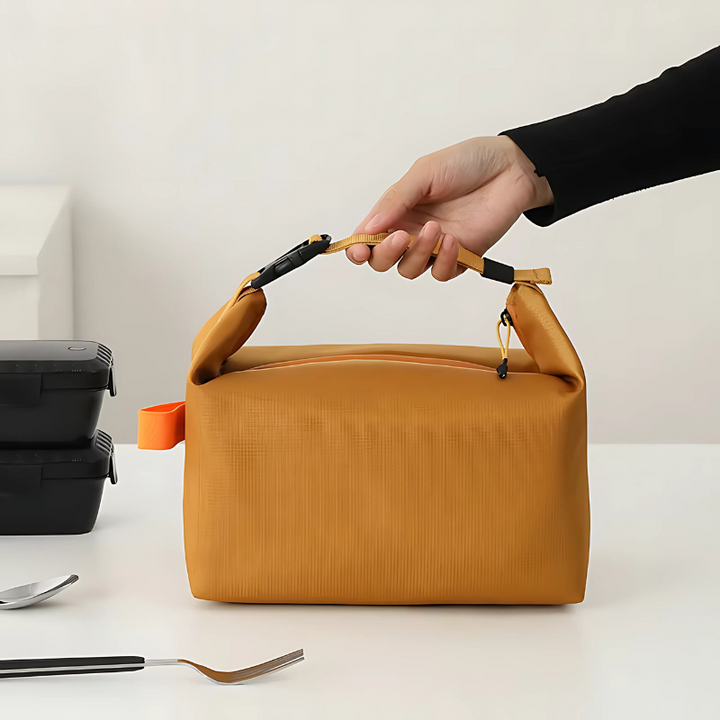 "Stylish insulated lunch bag for men and women, foldable with a sleek design, available in black, gray, green, orange."