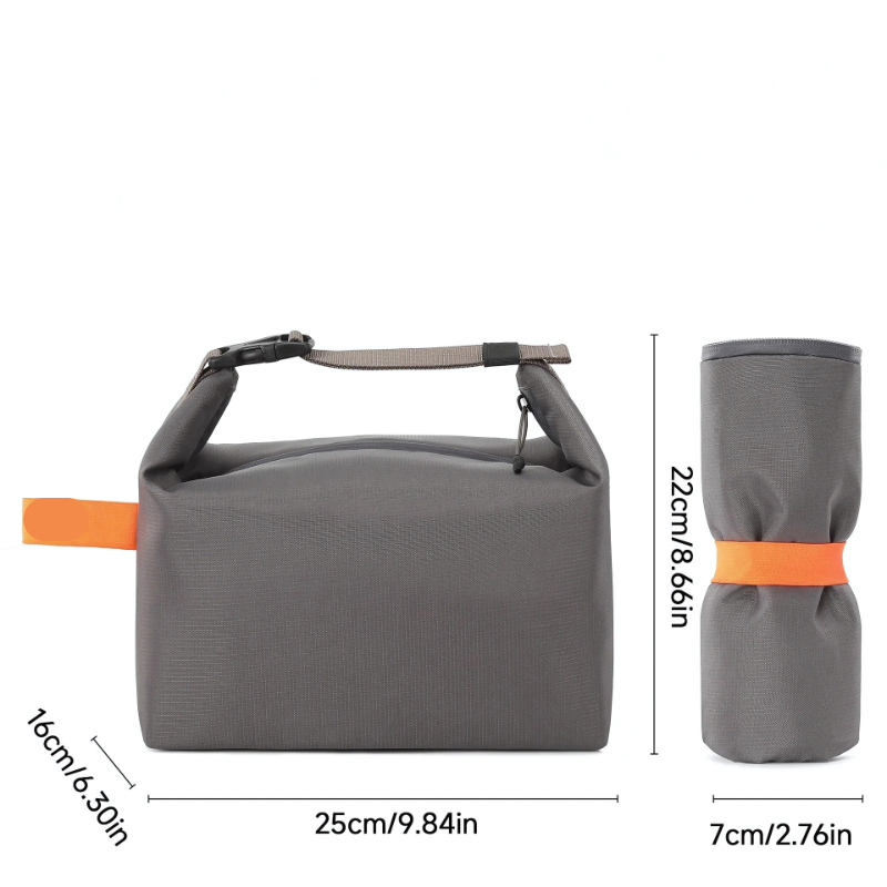 "Stylish insulated lunch bag for men and women, foldable with a sleek design, available in black, gray, green, orange."