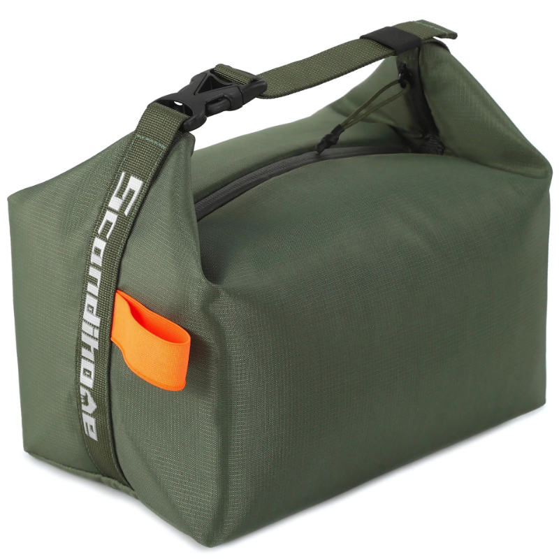 "Stylish insulated lunch bag for men and women, foldable with a sleek design, available in black, gray, green, orange."