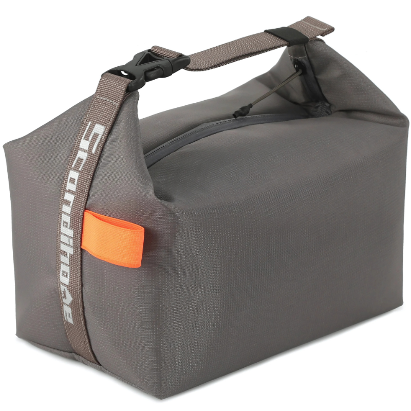 "Stylish insulated lunch bag for men and women, foldable with a sleek design, available in black, gray, green, orange."