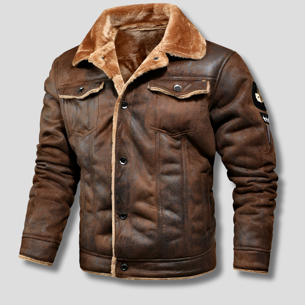 Men's warm winter bomber jacket in classic aviator style with button closure. Durable fall outerwear.