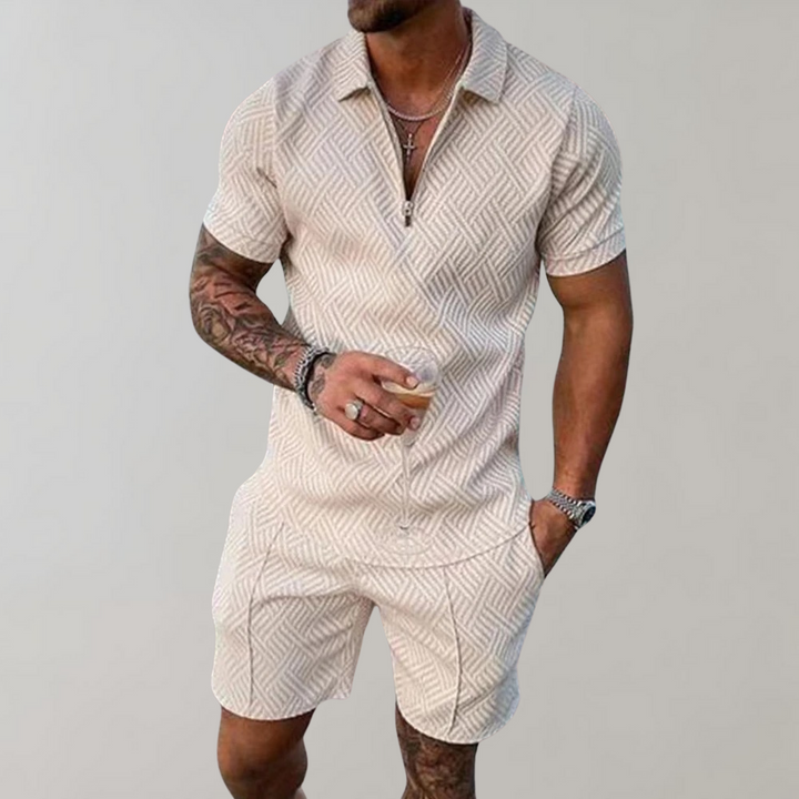 Men's casual summer outfit: stylish polo shirt and matching shorts for holidays, leisure, or warm weather.