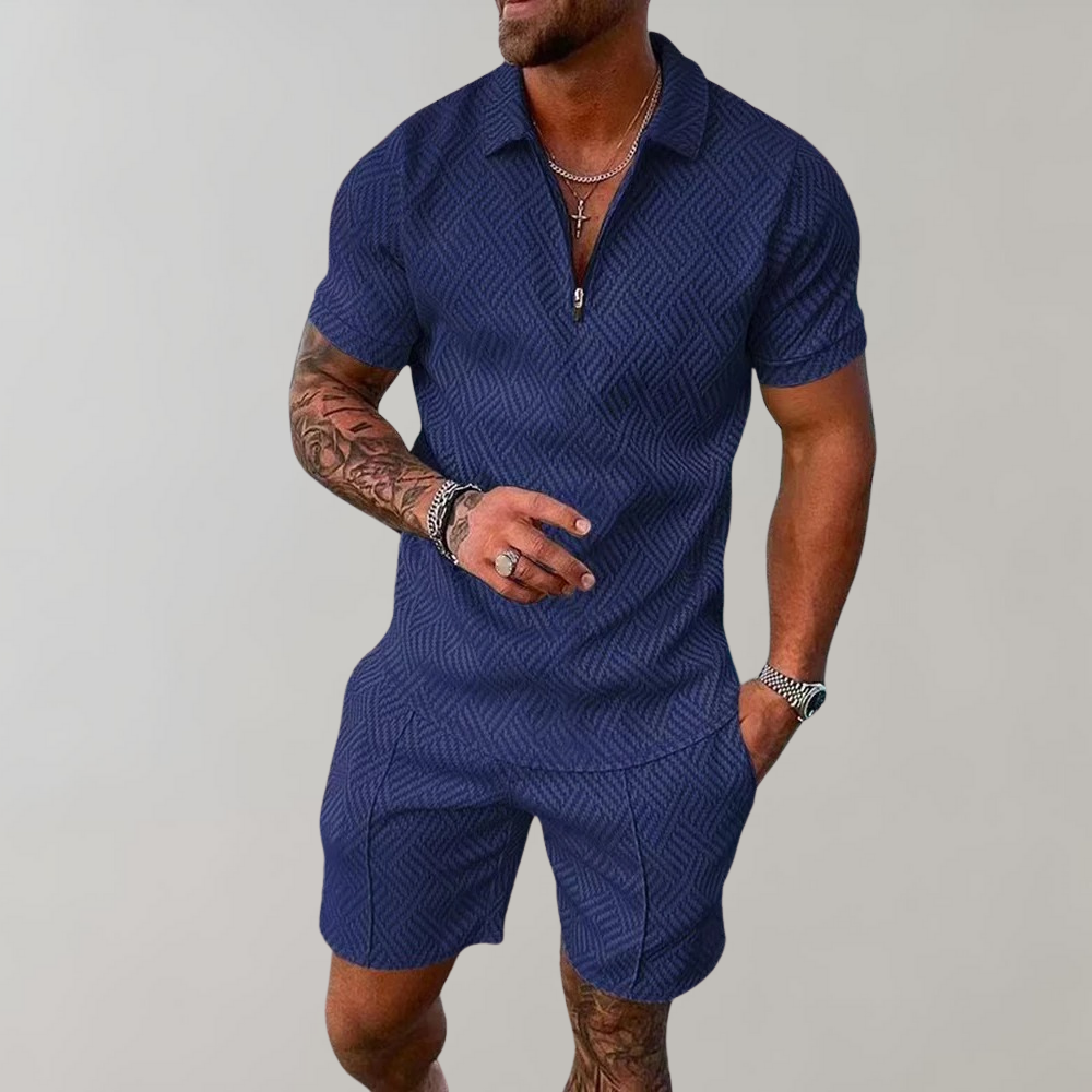Rafael men's two-piece summer set. A stylish polo & matching shorts outfit for casual warm weather fashion.