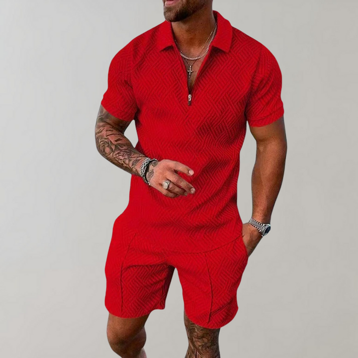 Men's stylish summer outfit set. Rafael polo & shorts for trendy casual wear in warm weather fashion.