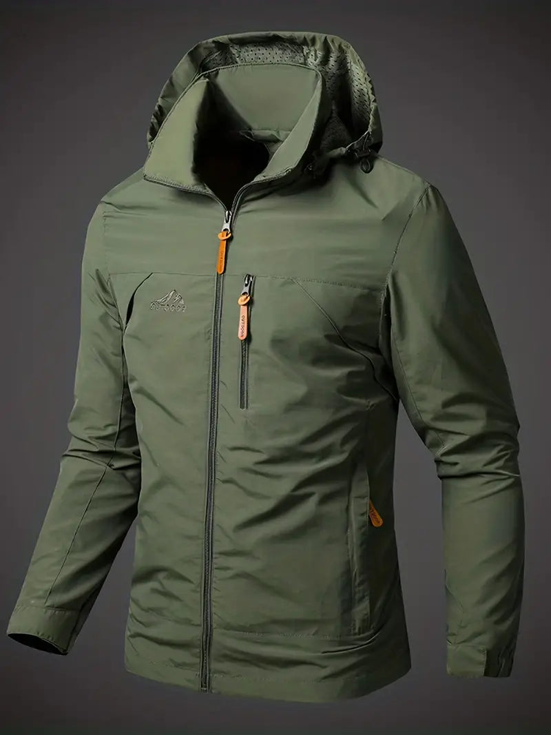 "Stylish men's green waterproof jacket with modern design, lightweight, breathable, and perfect for all-weather conditions."