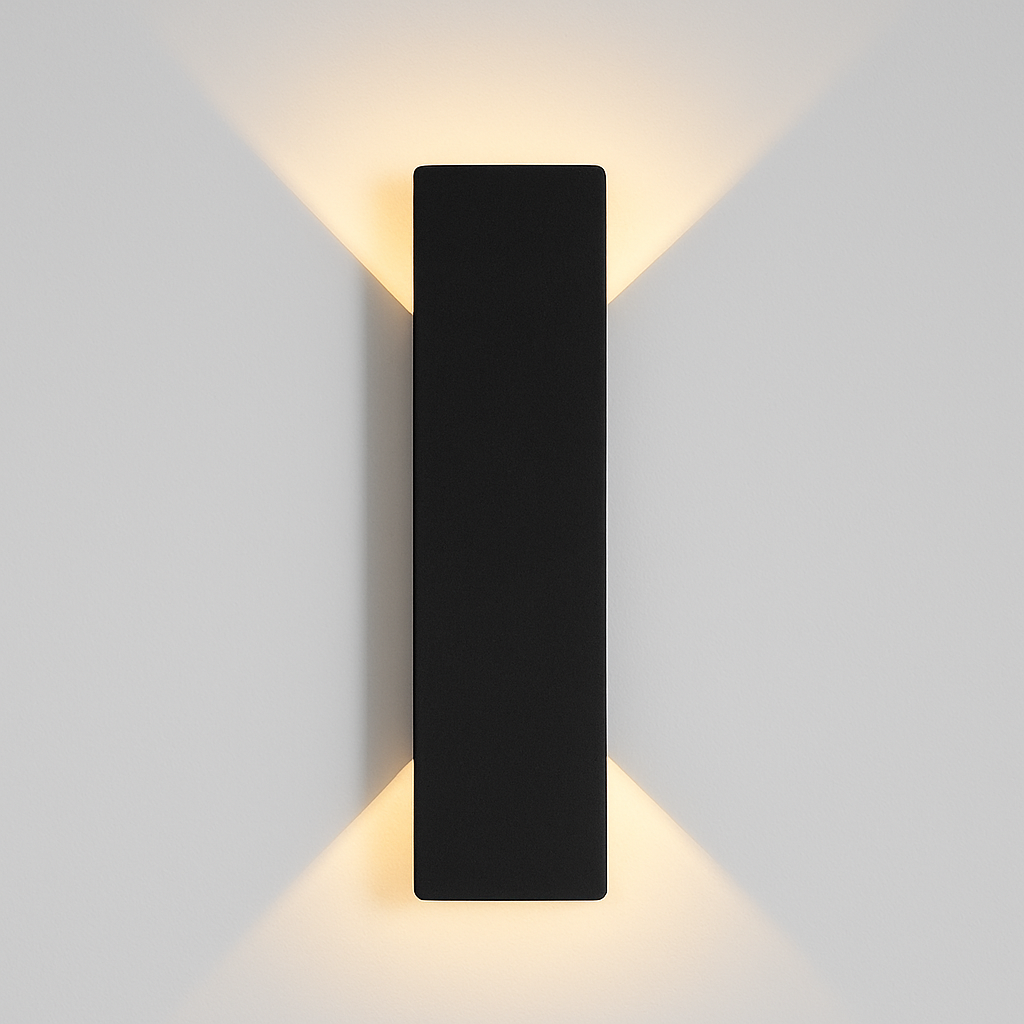 "Stylish outdoor waterproof LED wall light, rectangle design, up/down illumination, modern look, IP65 for durability."