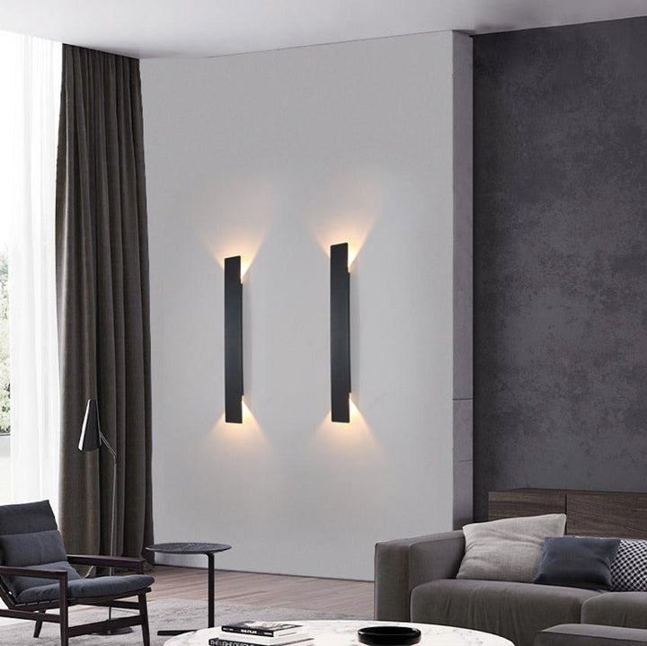 "Stylish outdoor waterproof LED wall light, rectangle design, up/down illumination, modern look, IP65 for durability."