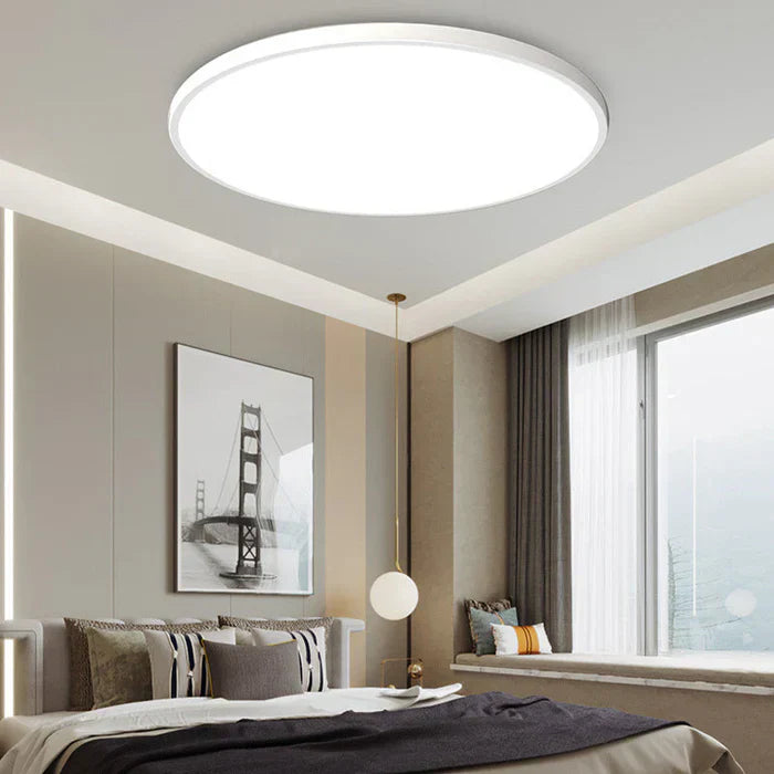 Energy-efficient round LED ceiling lamp for living room, adjustable white & multi-color light.