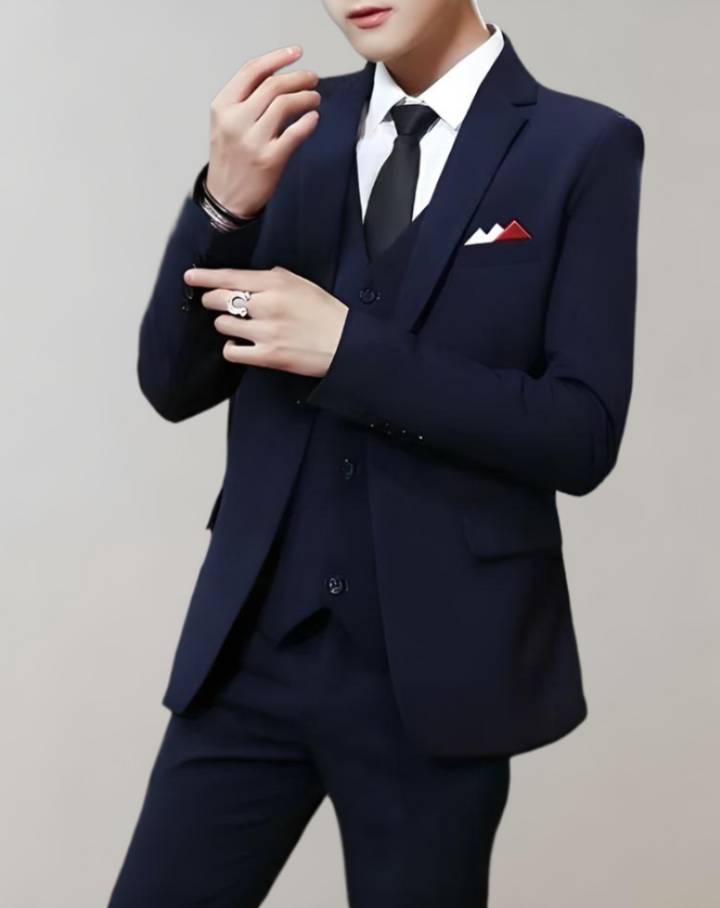 Tailored 3-piece men's suit with sophisticated style, ideal for formal wear and professional business attire.