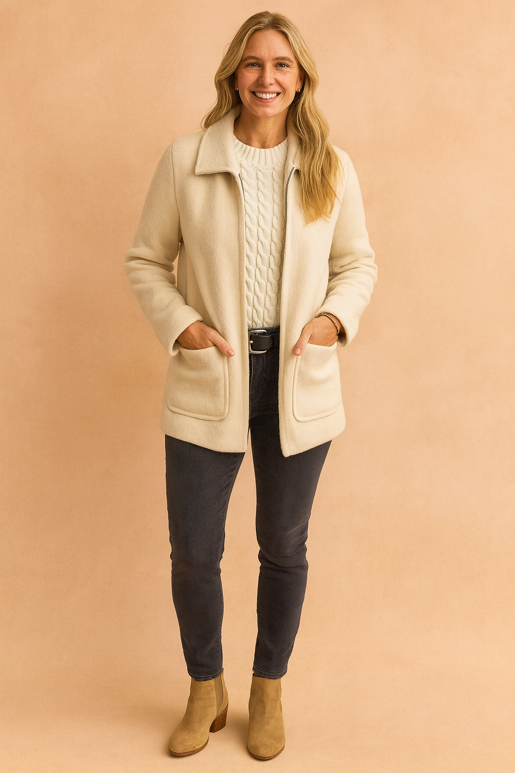Versatile women's fashion cropped zip jacket with pockets, ideal for spring, fall, or casual styling.