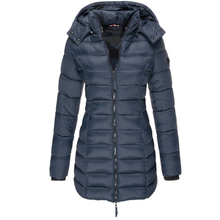 Stylish women's hooded puffer jacket in black, perfect for winter. Warm, insulated outerwear for cold weather.