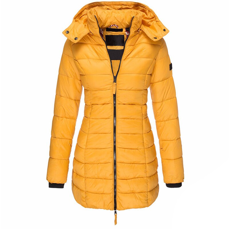 Olivia women's down jacket with a cozy hood, offering warmth and comfort for cold winter days. Versatile outerwear.